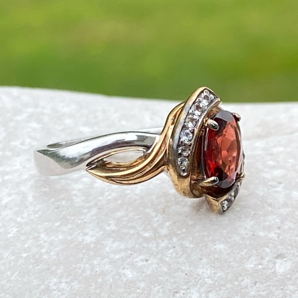 Genuine Garnet and white topaz ring .925 Sterling Silver 18k gold accent - Picture 13 of 15